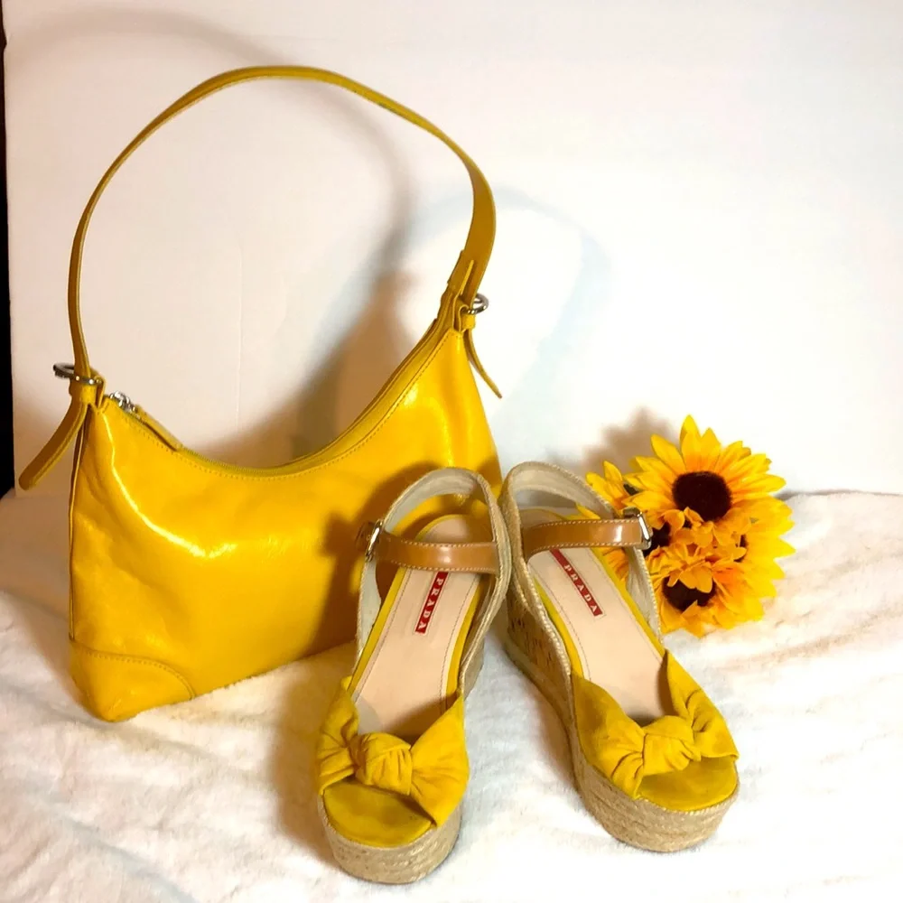 PRADA Suede Wedges & Matching Leather Purse in Sunny Butter Yellow